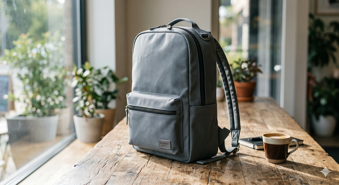 The Urban Nomad Canvas Backpack on a wooden table beside a coffee cup